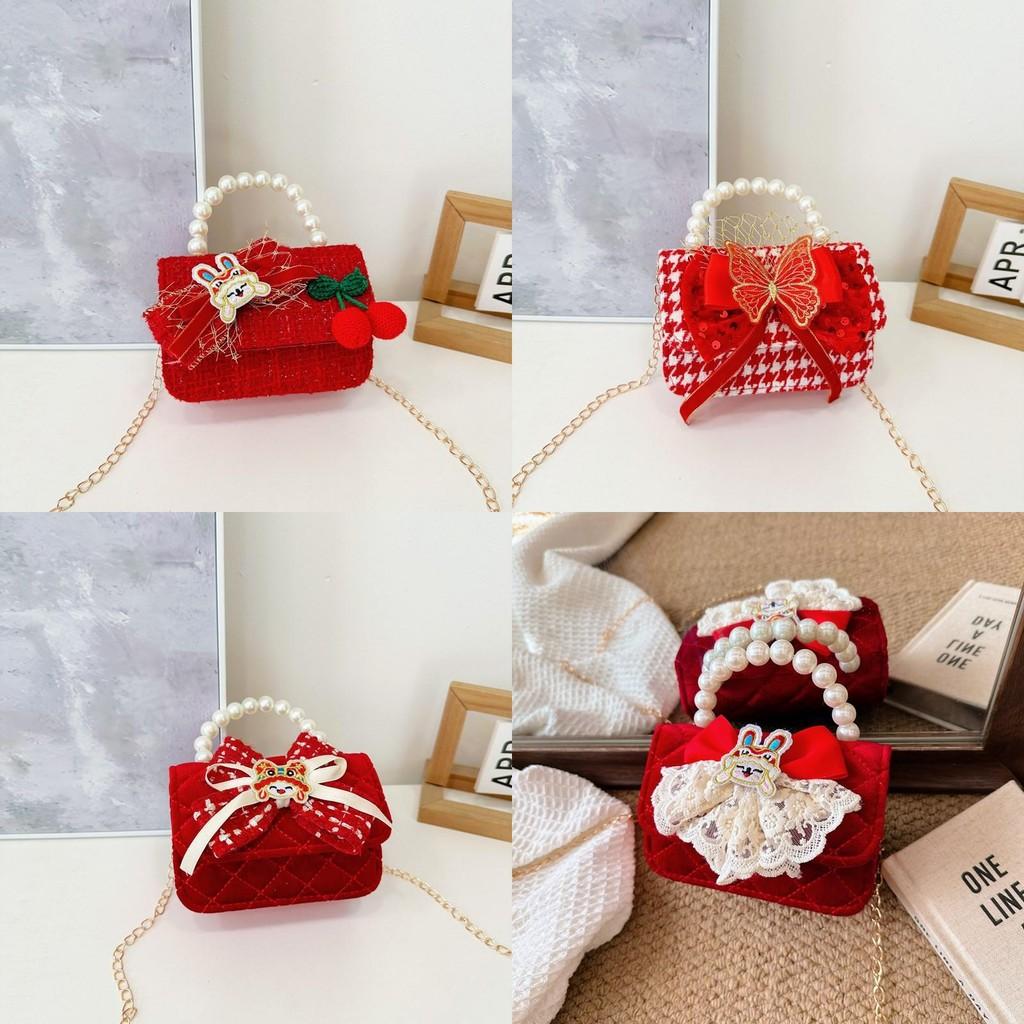 Red Cute Delightful Bowknot Childrens Handbag With Trendy Chain And Handle Pearl