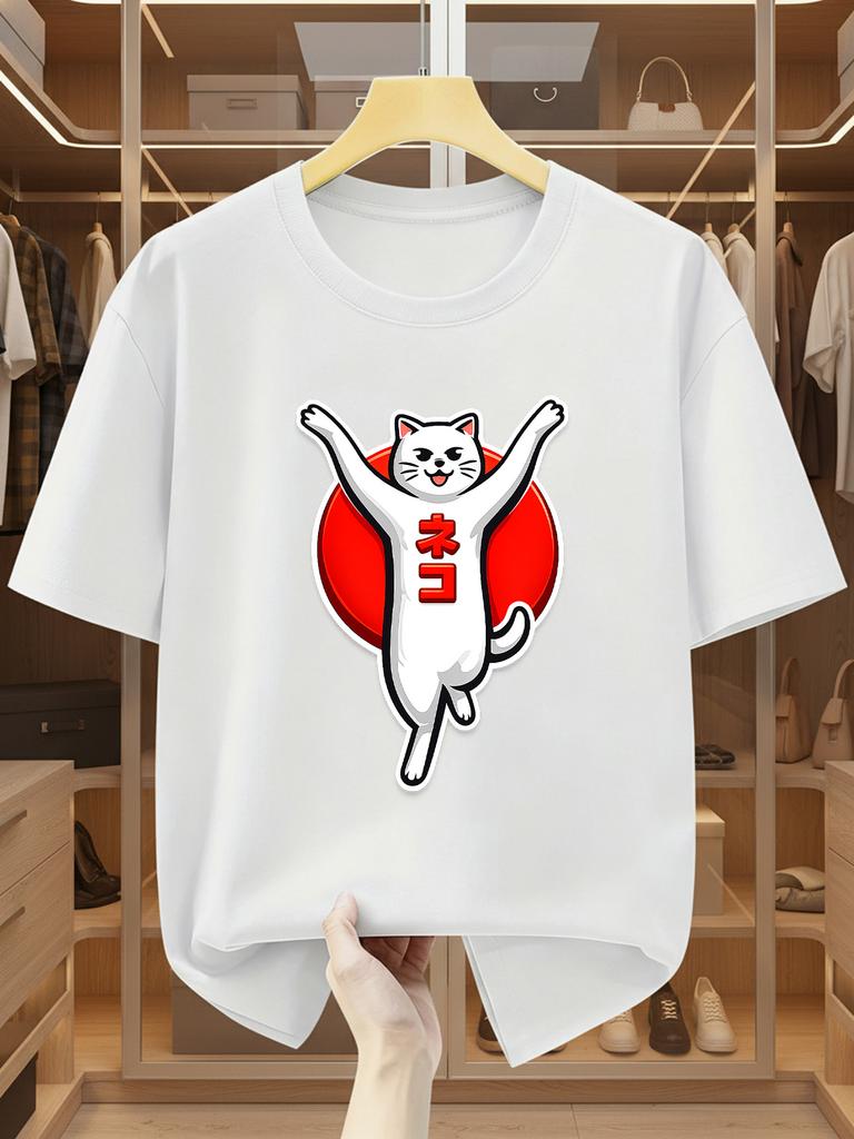 Unisex T-shirt Plus Size Men's Japanese Maneki-Neko Pattern Round Neck Short-sleeved T-shirt, Comfortable Casu