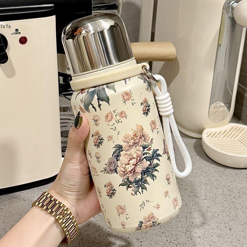 Large Capacity Rose Peony Retro Thermos Cup with Lanyard and Tea Separator