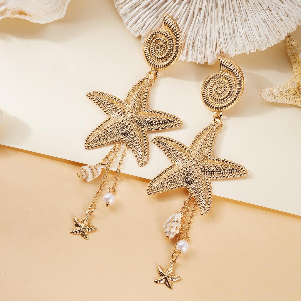 Exaggerated Large Metal Starfish Conch Drop Earrings for Women Ocean Style Long Tassel Piercing Earring Girl Beach Party Jewelry