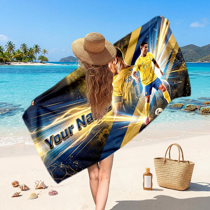 Cristiano Ronaldo Custom Beach Towel, Personalized Name Text Print, Football Logo Soft Quick‑Dry Towel Holiday Gift