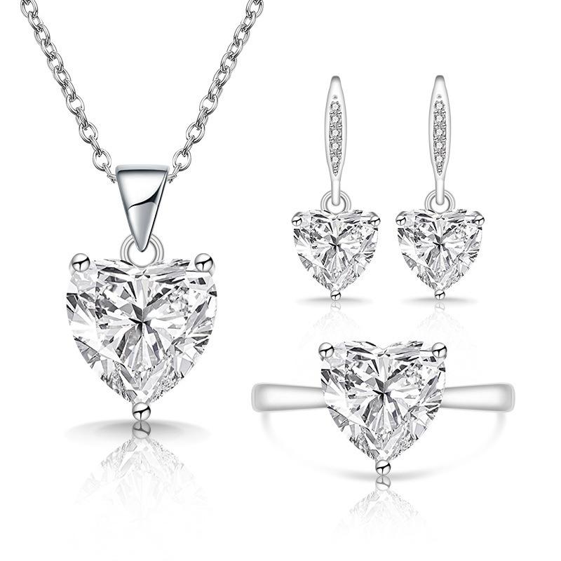 Love Colored Gemstones Cross-border E-commerce Heart-shaped Zircon Necklace Ring Earrings Accessories Set Ring Size:Adjustable