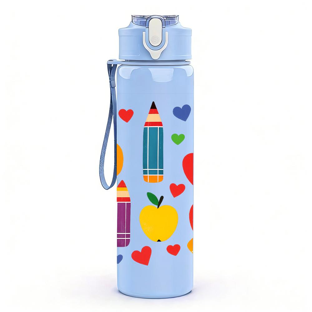 1PC Heart Pencil Fruit Layout 750ml Color Plastic Sports Water Bottle Leakproof Flip Straw Lid For Sports Office Home Use