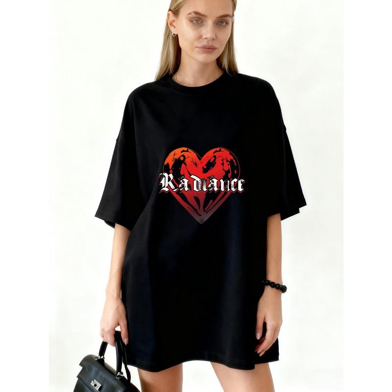 

Oversized T-Shirt Black Heart Pattern With Radance Text Casual Streetwear Fashion For Women S чёрный