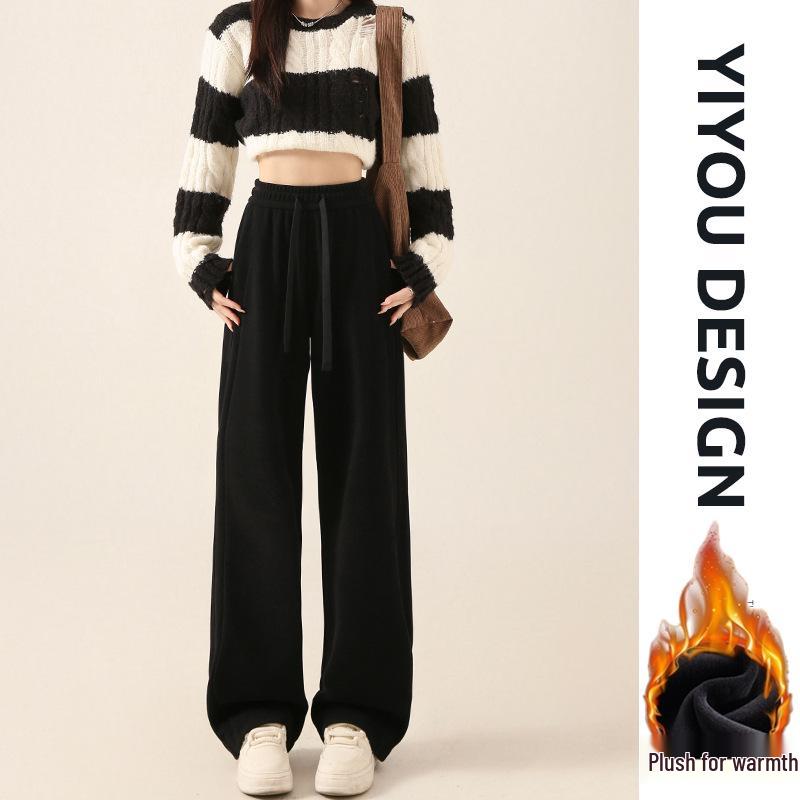 Women's Khaki Chenille Fleece-Lined Wide-Leg High-Waist Trousers: Sporty, Casual, Straight-Leg for Spring, Autumn, Winter.