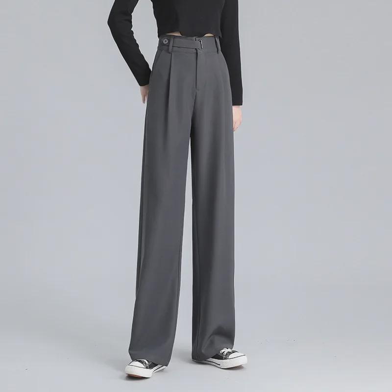 Women's Black Wide Leg Pear-Shaped Suit Trousers with Iron Ring Design - Spring & Autumn Casual Wear
