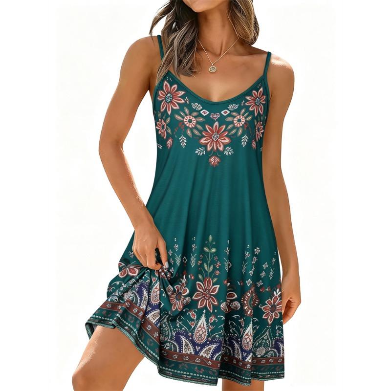 Summer Women's Simple and Elegant Daisy-Print Spaghetti-Strap Dress Round-Neck Fashionable Casual Dress