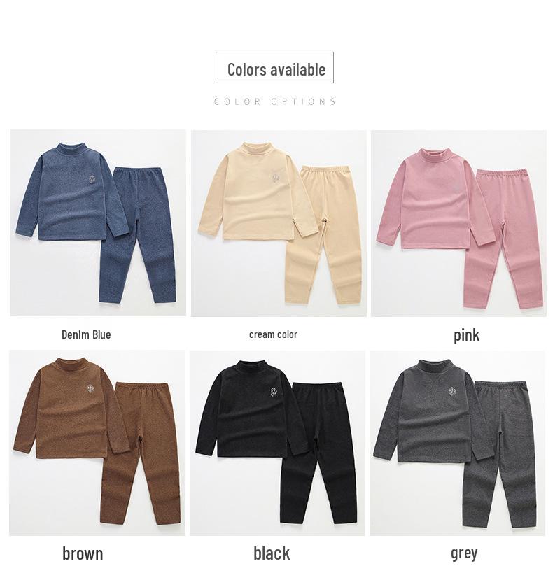 Children's Brushed Collar Underwear Set - Boys and Girls Warm Solid Color Autumn/Winter Pajamas