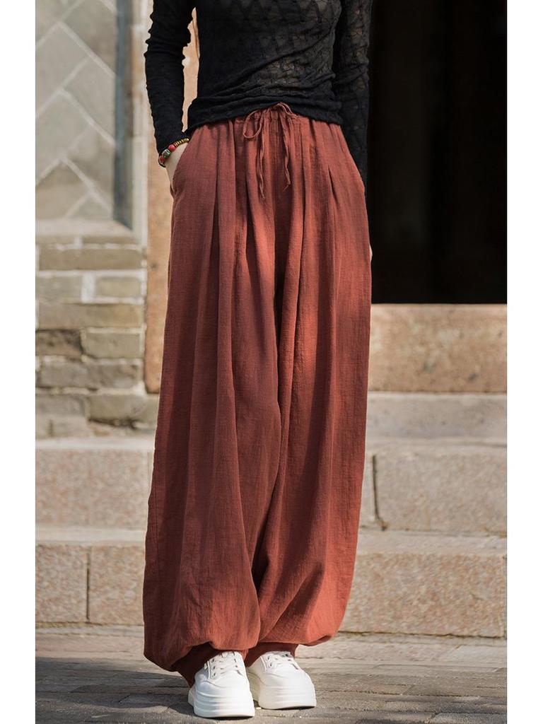 Spodnie damskie typu lampion z bawełny i lnu z elastyczną talią – wiosenno-letnie spodnie casualowe