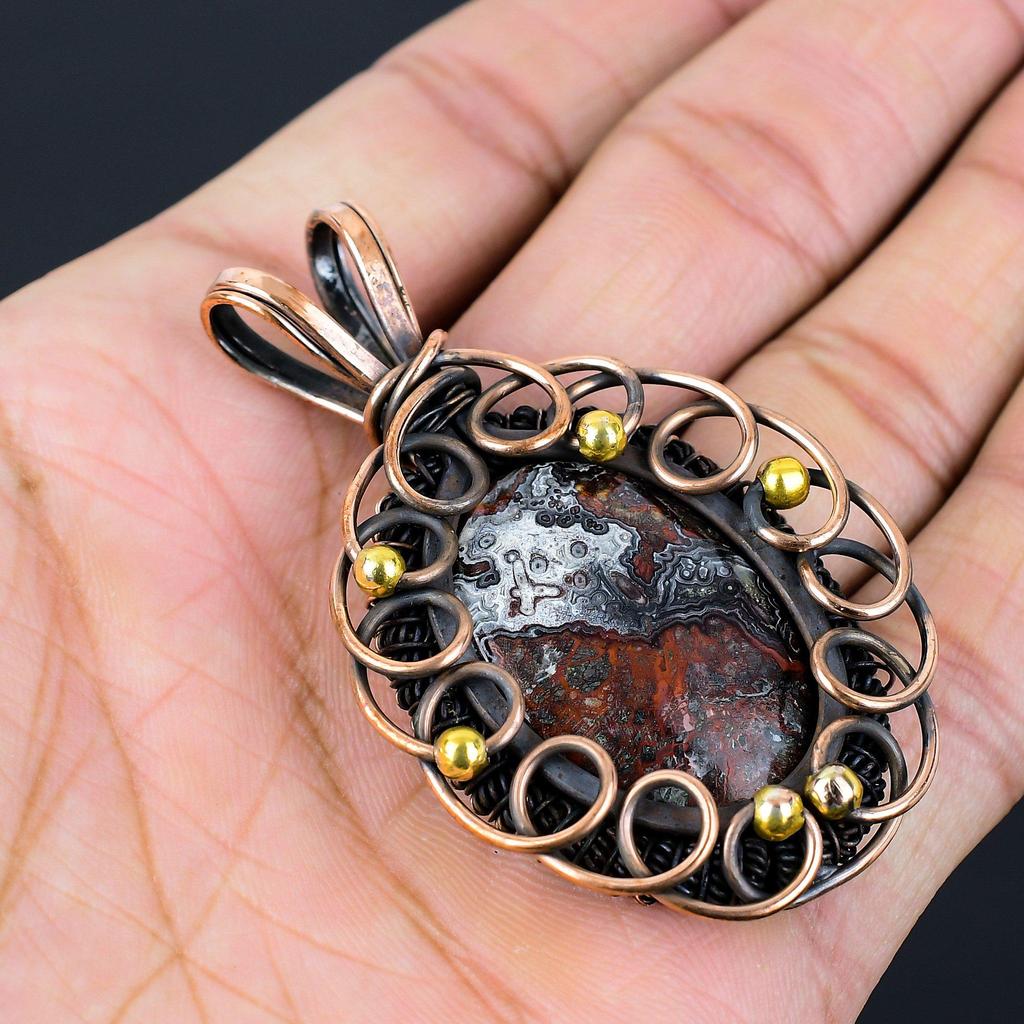 Crazy Lace Agate Gemstone Pure Copper Wire Wrapped Handmade Jewelry Pendant For Her