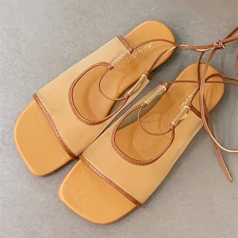 

Fashion Retro Square Toe Lace Up Flat Sandals Women Summer Fashion Open Toe Mesh Breathable Slippers Comfortable Elegant Woman Moccasins 35 светло-коричневого