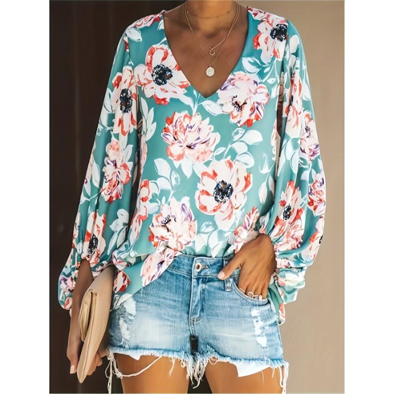 TIFICY Women's Fashion Casual Spring Autumn Flower Pattern Print Long Sleeve V-Neck Blouses & Shirts