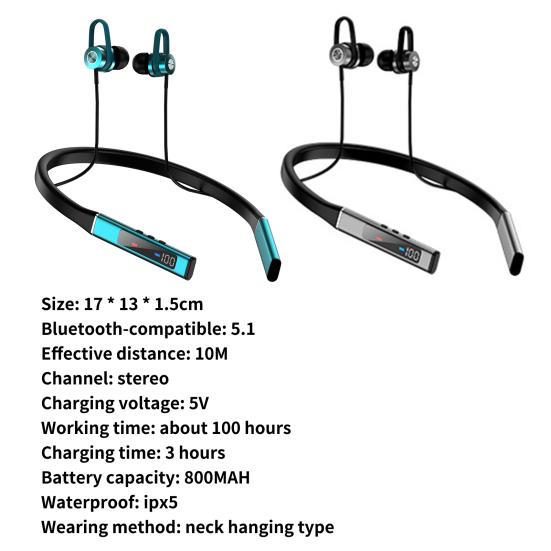 Wireless Earbud High Fidelity Intelligent Noise Reduction LED Digital Display Bluetooth-compatible5.1 Neckband Stereo Sports Earbud for Doing Sports