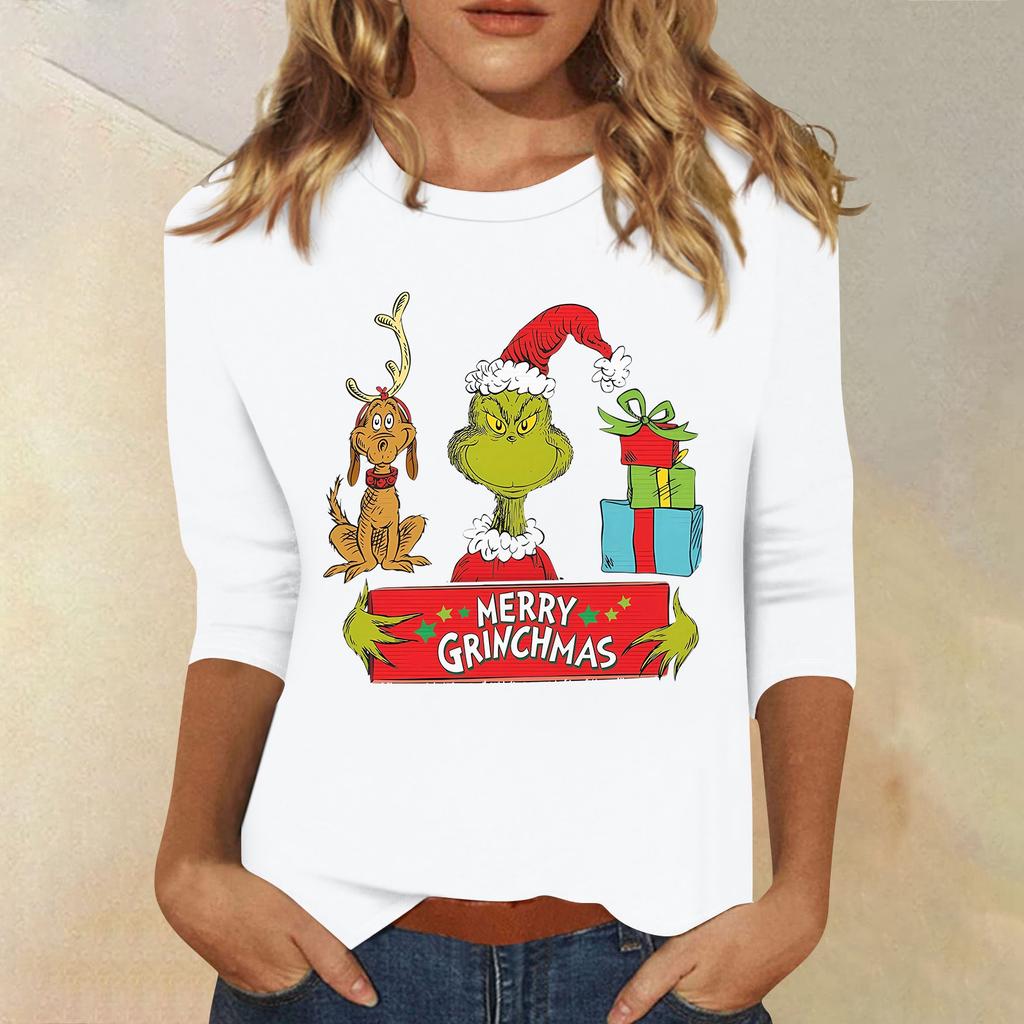 3/4 Sleeve Tops For Women T-Shirt Casual Christmas Print Tops T Shirt Round Neck Pullover Blouse