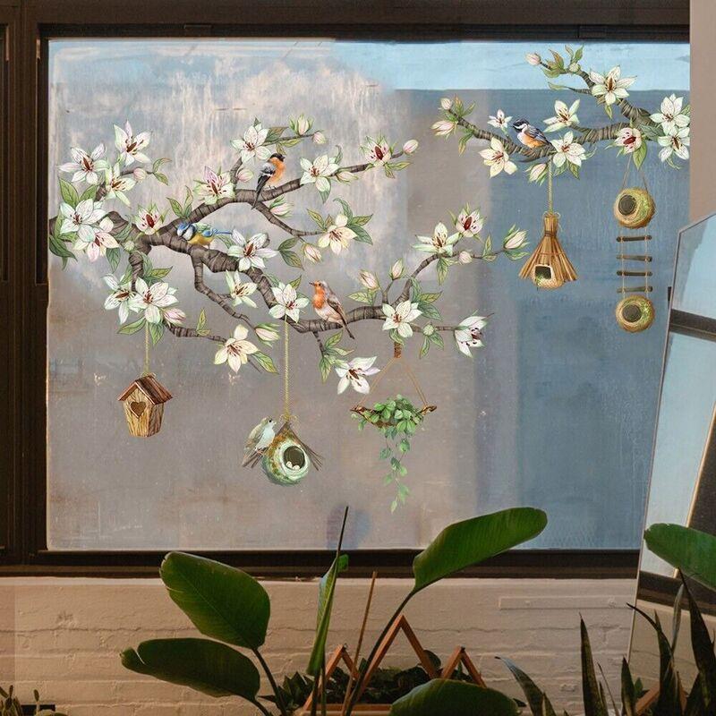 Bird Flower Branch Window Decoration Wall Stickers Self-adhesive Removable Glass Stickers Home Decoration Visual Wallpaper