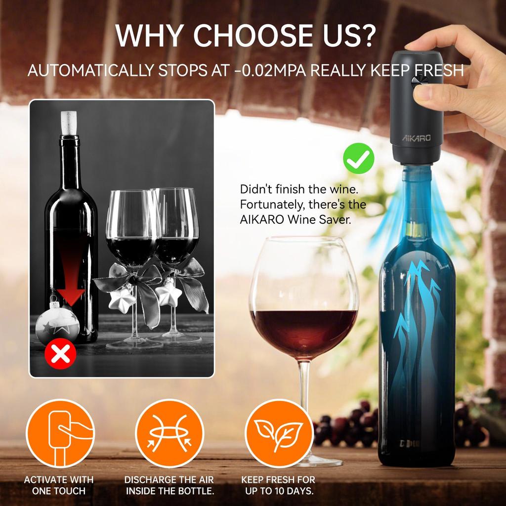 AIKARO - Electric Wine Saver Vacuum Pump with 2 Bottle Stopper Automatic Wine Preserver, Rechargeable