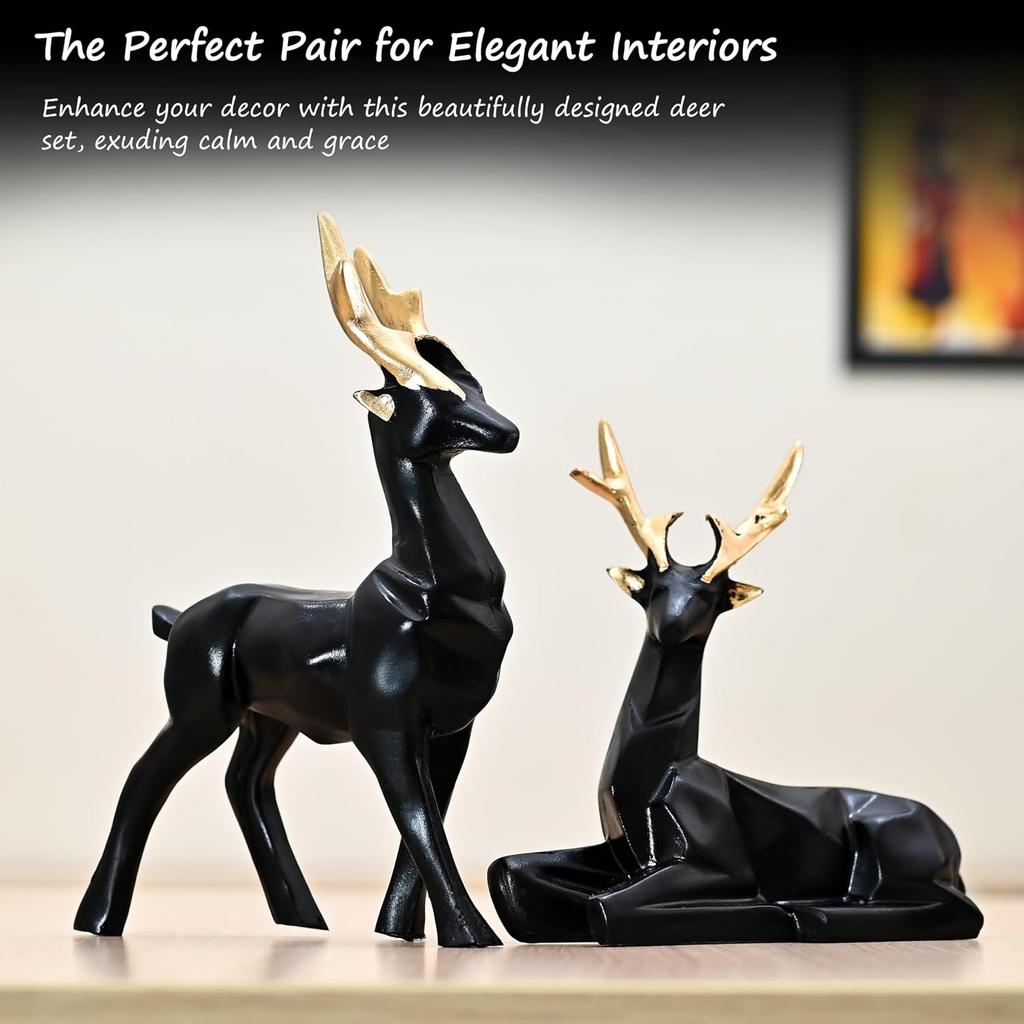 Home Decoration Items For Living Room, Pair Of Deer Resin Figurines, Black
