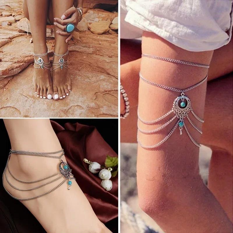 Seaside Beach Ankle Anklelaces Vintage Hollowed Out Turquoise Water Drop Ankle Chains Bohemian Tassel Ankle Chains Geometric