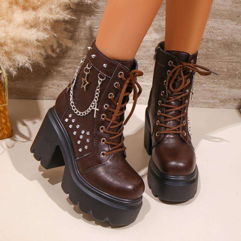 Platform Booties Fashion Round Toe Rivet Metal Buckle Soft Sole Anti-Slip Wear-Resistant High Heels