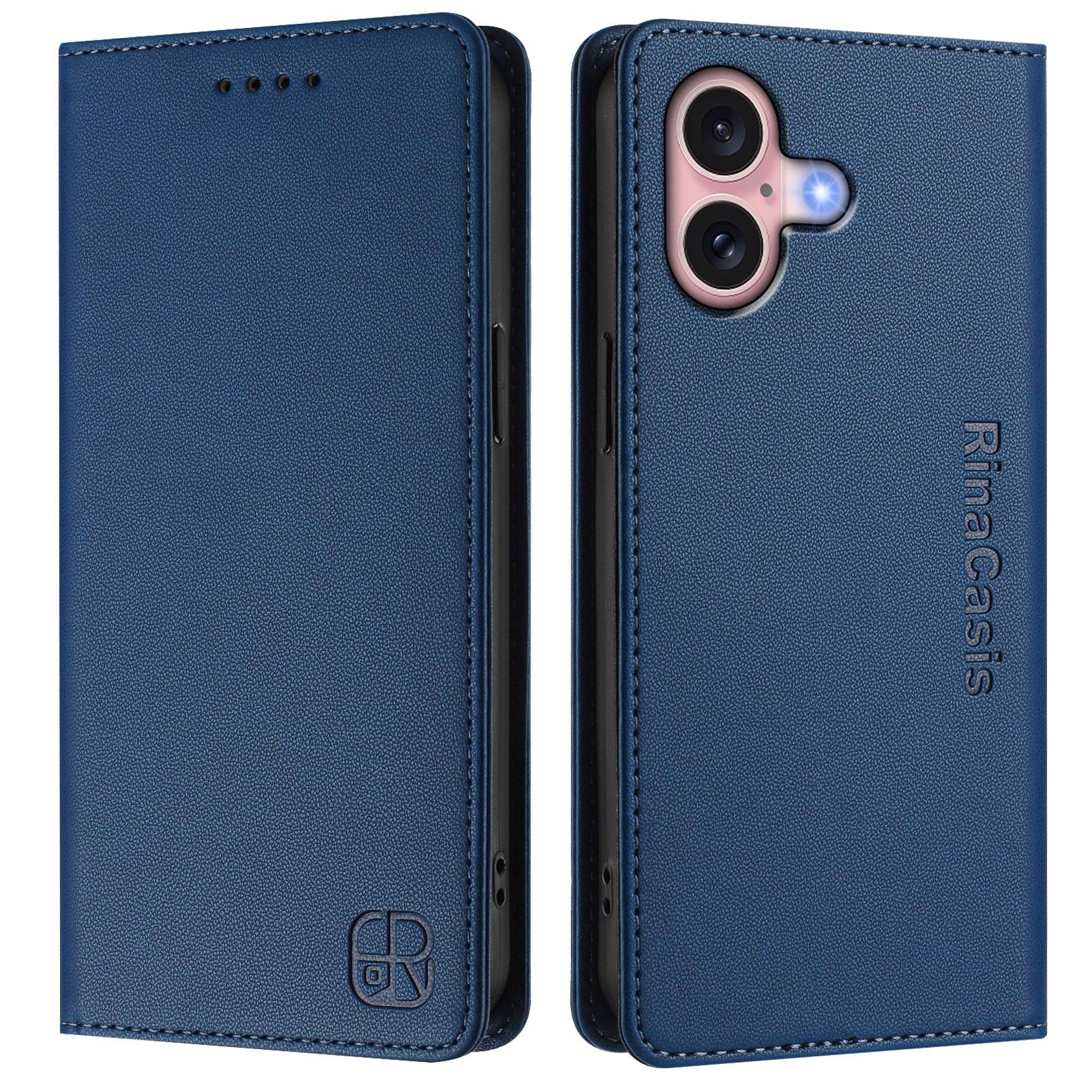 

For iPhone 16 Leather Case RINACASIS RC01 Phone Cover with RFID Blocking Wallet Stand Dark Blue