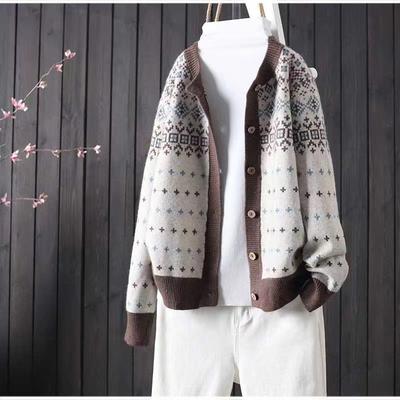 Crew Neck Knitted Cardigan Women's Literary and Retro Long-sleeved Temperament Casual Loose and Thin Sweater Women's Coat