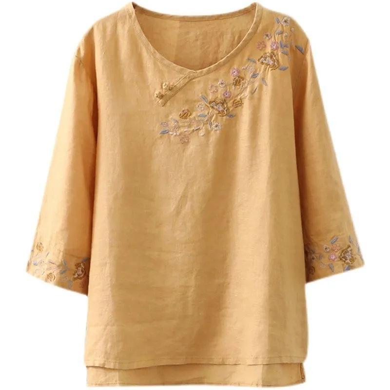Summer Cotton and Linen Shirt Women's Embroidered Retro Literary Top Loose and Thin Medium Sleeve Large Size T-shirt Women