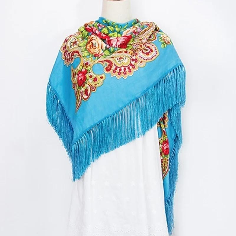 Fashion Big Size Square Scarf Cotton Long Tassel Print Scarf in Spring Winter Shawl for Women Floural