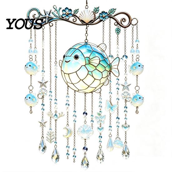 Ocean-Themed Wind Chime Decoration Decoration, Animal Hanging Sun Catcher with Faux Crystal Drops, Stained Glass Acrylic Ornament for Window