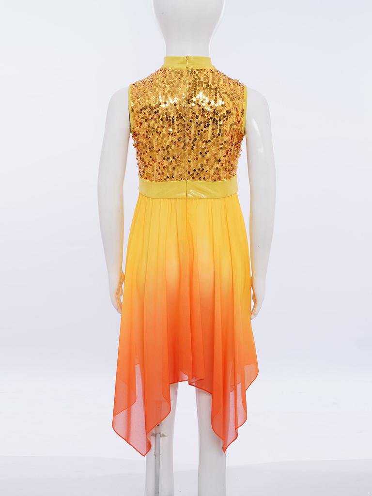 Girls Liturgical Dance Dress - Sleeveless Mock Neck Tunic with Asymmetrical Hem & Shiny Sequins for Worship Performance