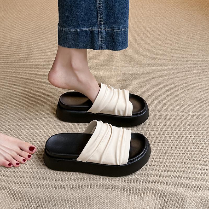 

Soft leather version pleated soft leather one-word platform slippers women summer wear one-pedal lazy shoes seaside vacation beach shoes 35
