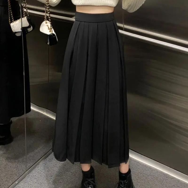 HOUZHOU Dlouhá skládaná sukně Dámské Vintage Korejská Móda Pevný Vysoký pas Midi Sukně do A Školka Elegantní Ležérní Podzim