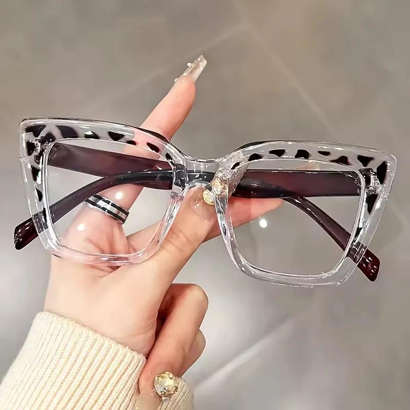Fashionable Cat Eye Glasses Large Frame Color Blocking Anti Blue Light PC Frame Flat Light Glasses European American Style
