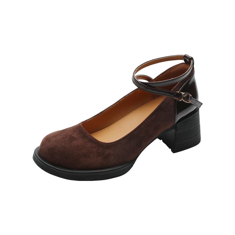 French Mary Jane women's shoes retro suede light mouth high heels spring and summer new thick heel round head cross strap single shoes women