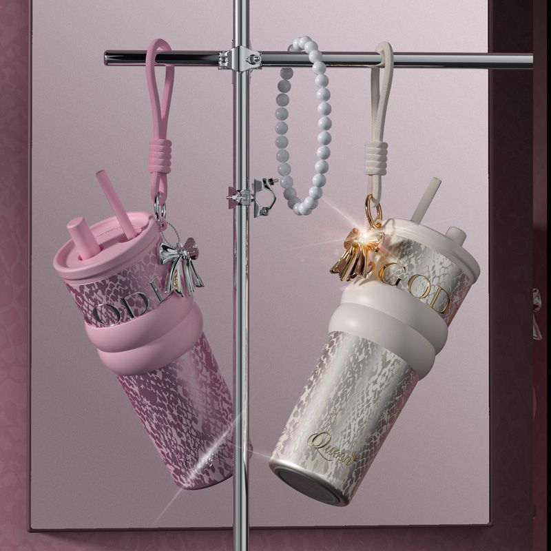 Large-capacity stainless steel thermos cup Women's high-value ceramic liner straw cup Car portable Bingba water cup