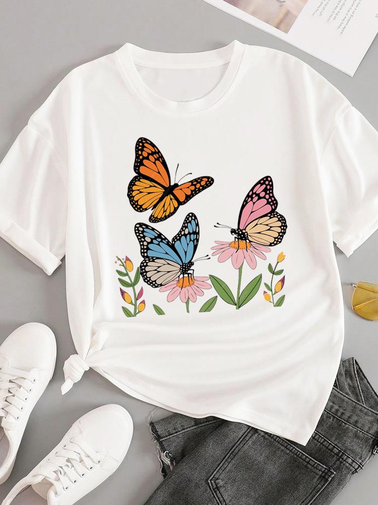 (Asian Size) trend love flower Short Sleeve T-shirts Women's Top T Female Print  Fashion O-neck Casual Clothing  Graphic Tee