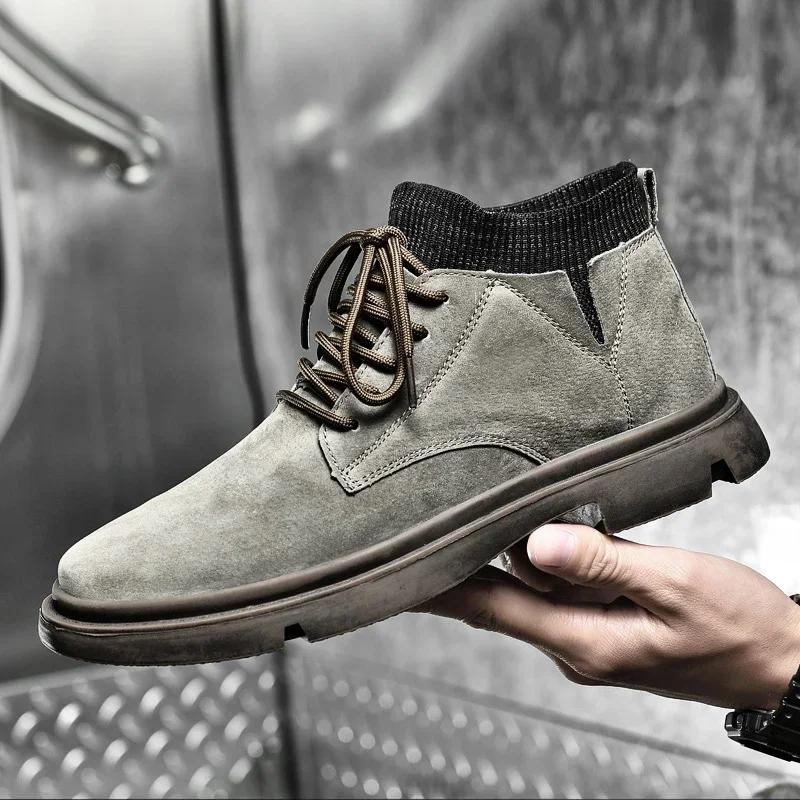 Brand Men Genuine Leather Basic Boots Casual Antiskid Outdoor Shoes Luxury Motorcycle Boots Breathable Men Walking Driving Shoes