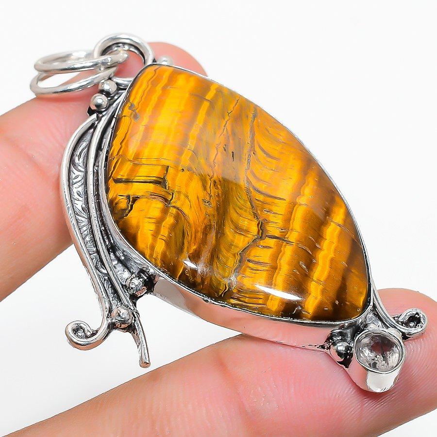 

Подвеска из стерлингового серебра 925 пробы с натуральным тигровым глазом и белым топазом 2,44 дюйма M2L99