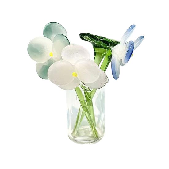 1 Set Glass Flower Bouquet with Vase Hand-Blown Mini Flower Decoration Home Living Room Handmade Simulation Floral Ornament with Stem