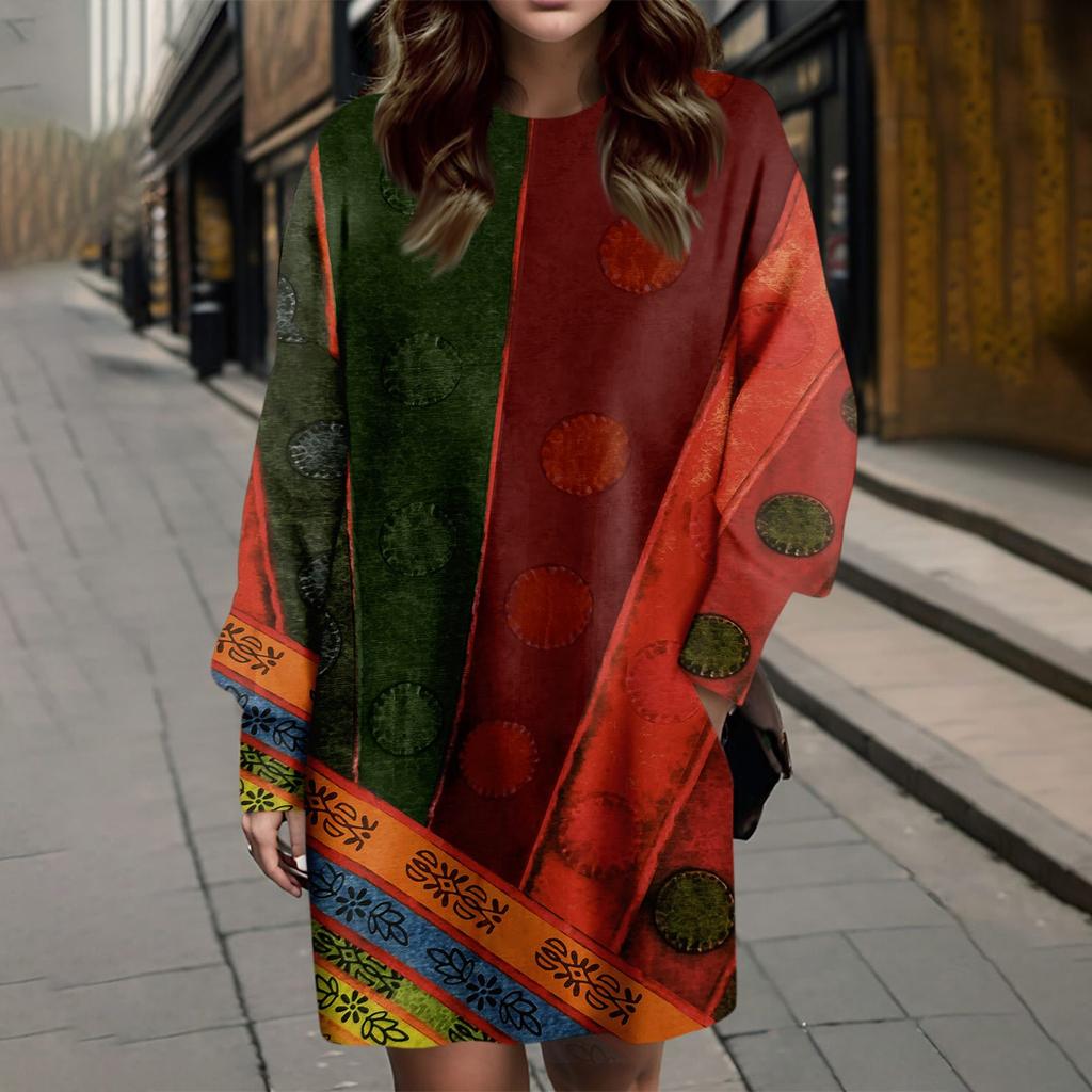 Women's Fashionable Ethnic Style Printed Round Neck Loose Fitting Long Sleeved Dress