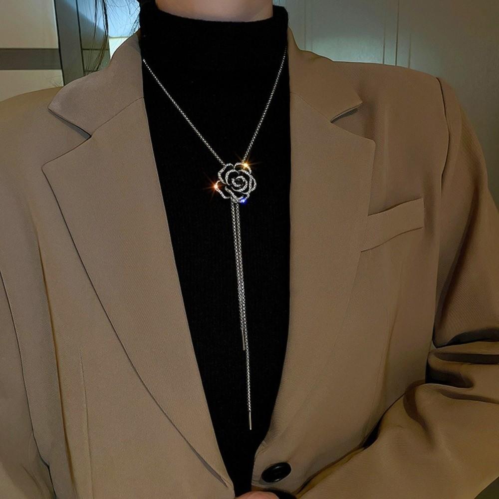 Zinc Zinc Alloy Rhinestone Brooch Silver Clavicle Chain Sweater Chain Women Long Necklace  Gift