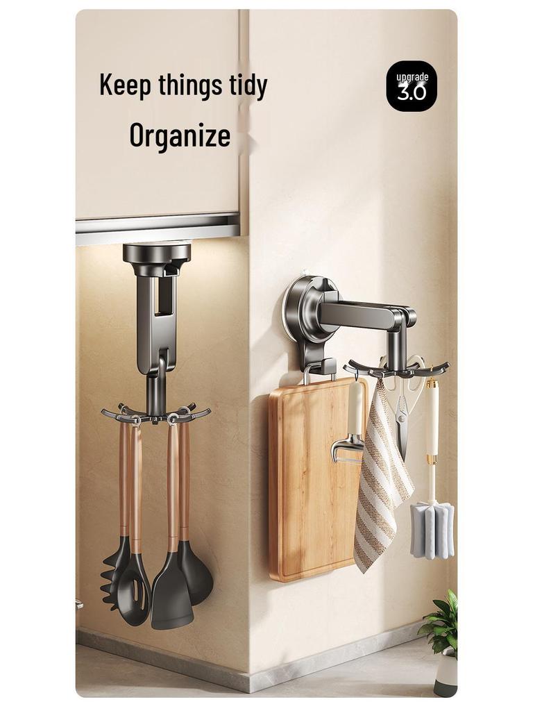 Wall-Mounted Rotating Suction Cup Storage Rack: Organize Spoons, Ladles & Cutting Boards Without Drilling