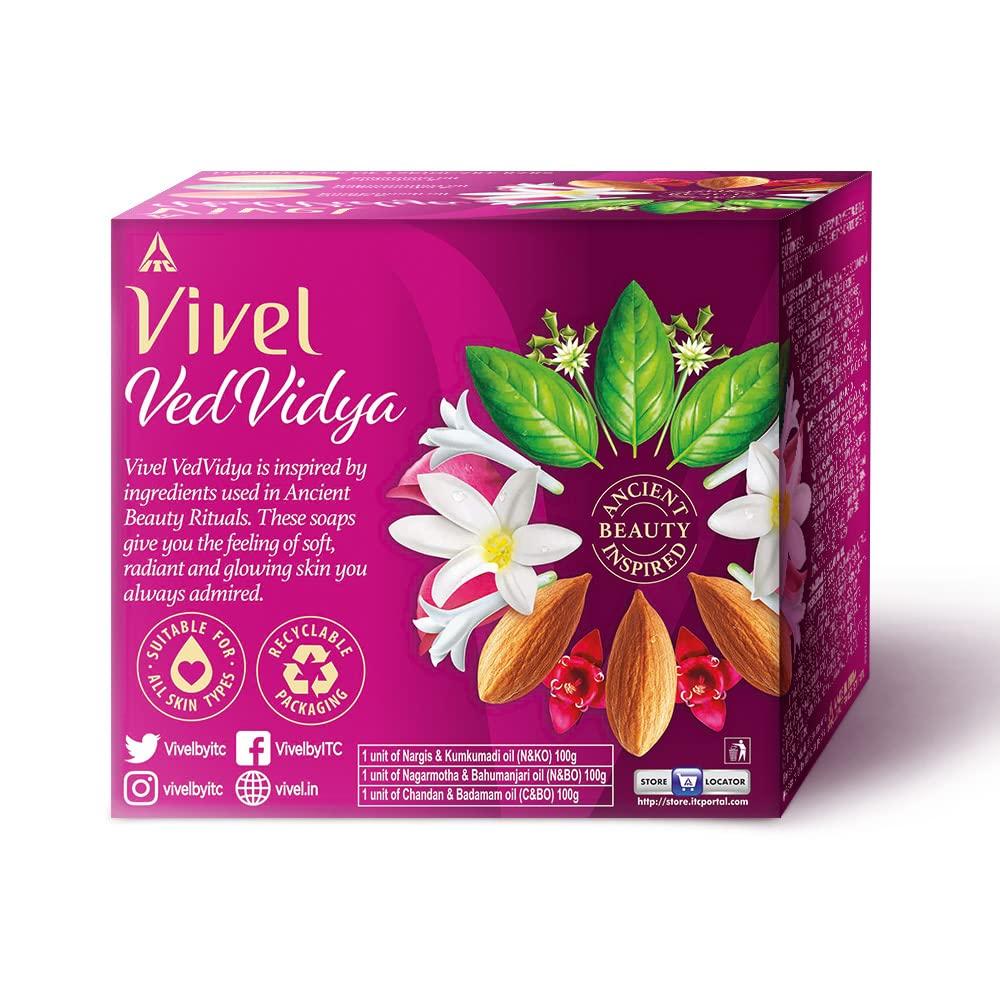 Vivel VedVidya Luxus-Packung mit 3 Hautpflegeseifen für weiche, gleichmäßig getönte, klare, strahlende und strahlende Haut, geeignet für alle Hauttypen, 100 g Packung mit 3 Stück