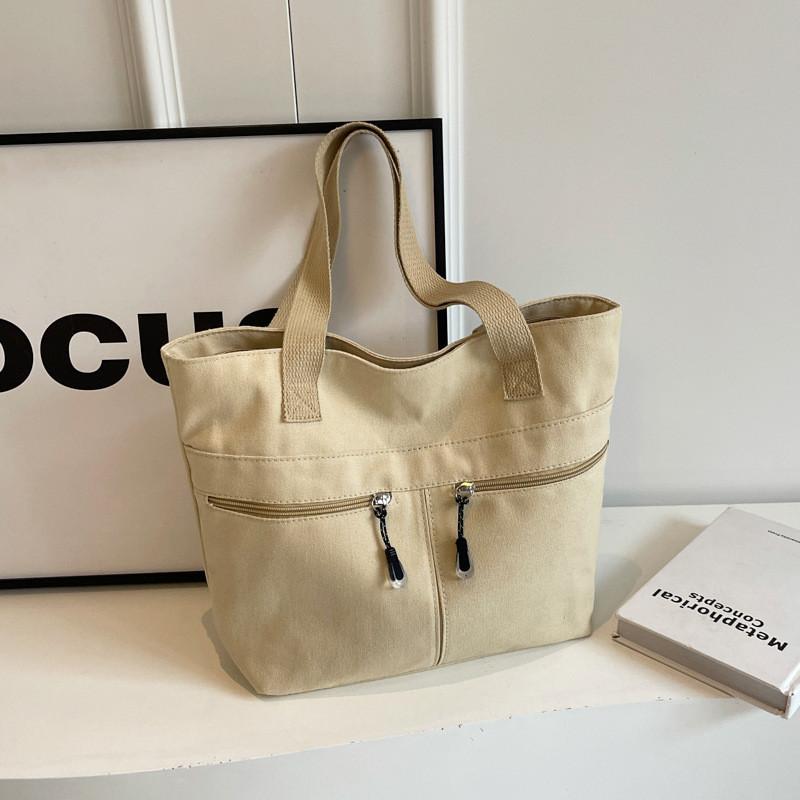 Modern Versatile Bucket Bag Stylish Canvas Handbag With Zipper For Daily Use Khaki