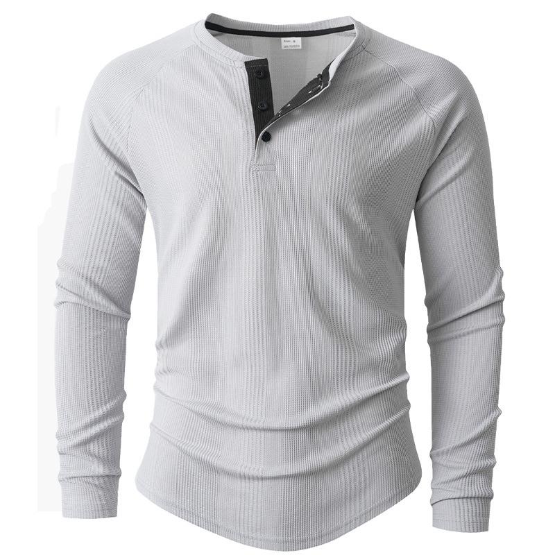 Men S Long Sleeve Round Neck Solid Color Polo Shirt S серый