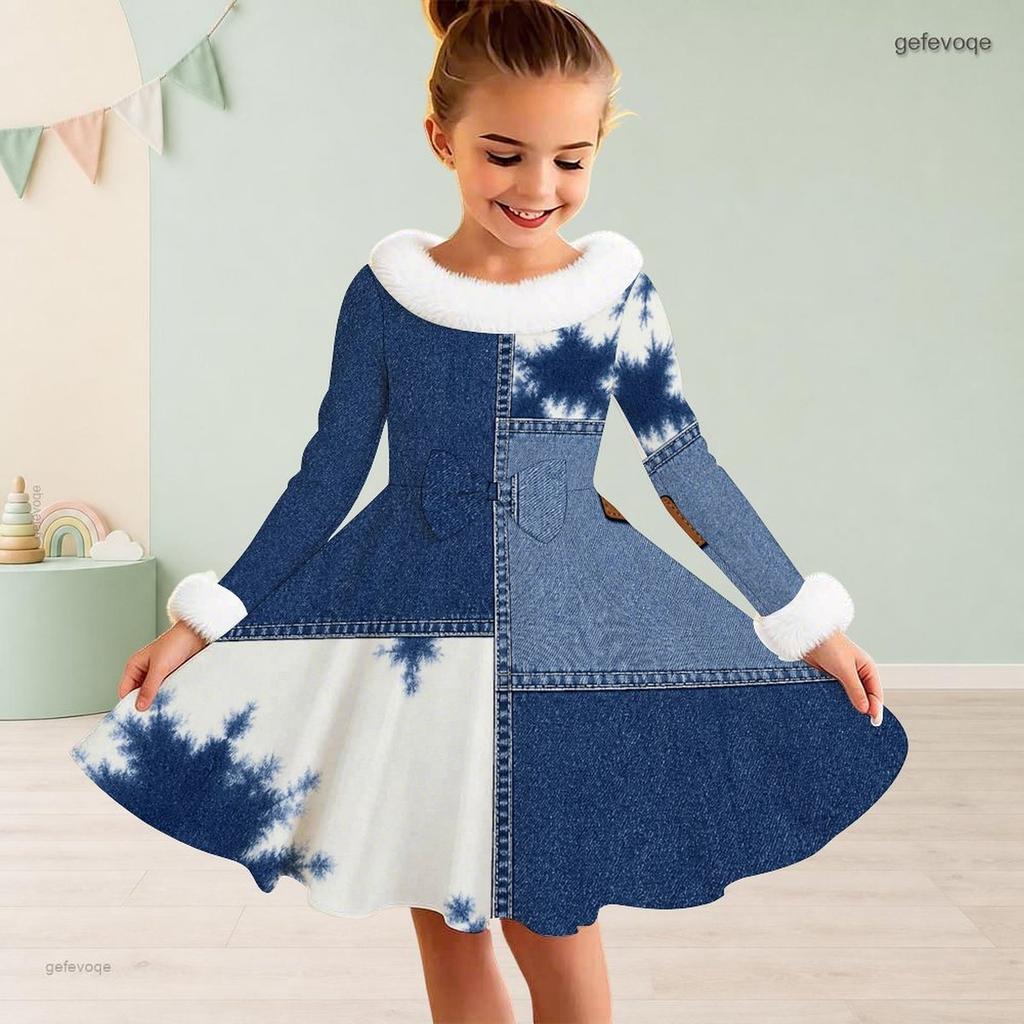 Little Girls Furry Collar Long Sleeve Printed A Line Flared Dress