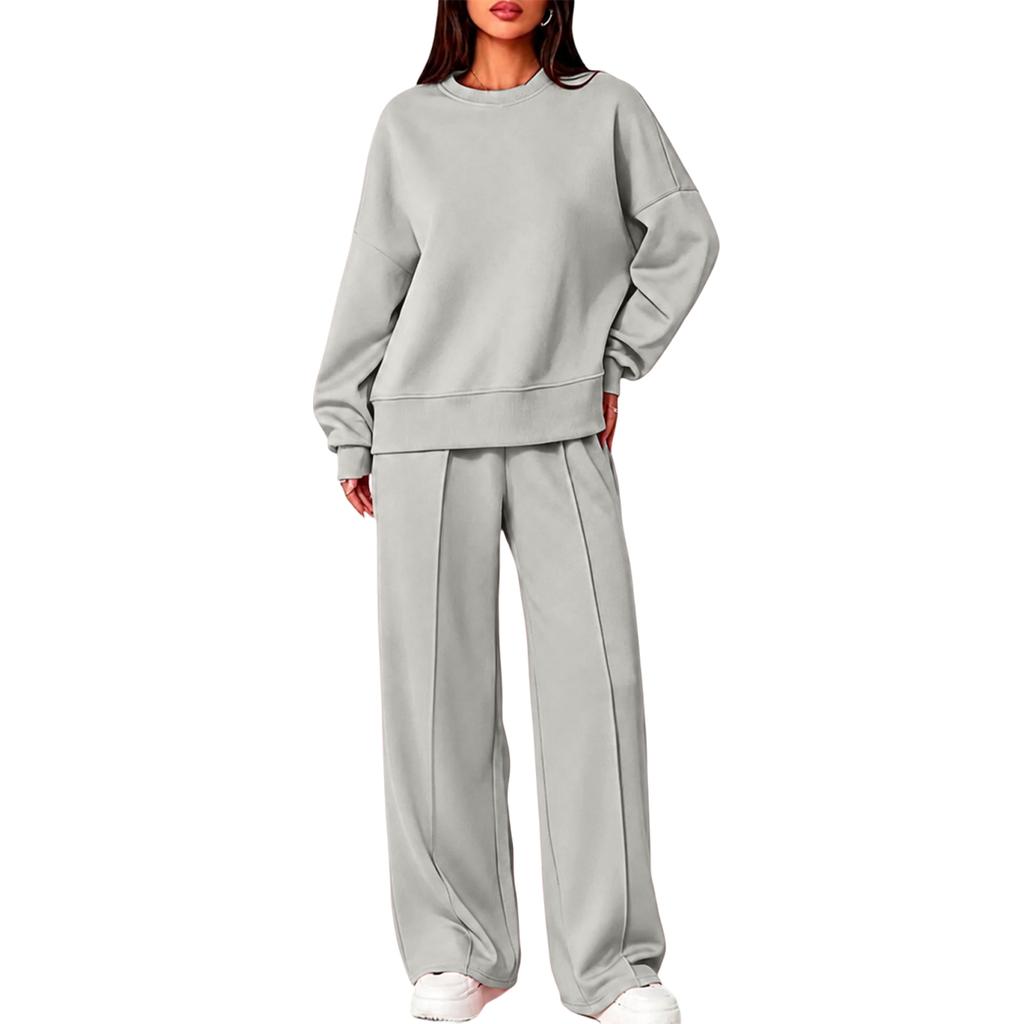 Women's Round Neck Long Sleeve Two Piece Set with Pants for Casual Wear