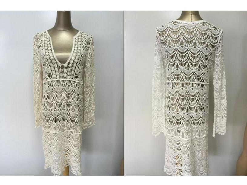 Women's Long Sleeve Crochet Beach Cover-up Dress