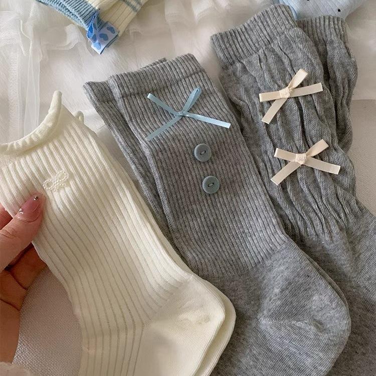 Bow Socks Women'S Mid-Tube Socks Spring And Autumn Cotton Socks Girl Cute White Ballet Style Spring Stockings