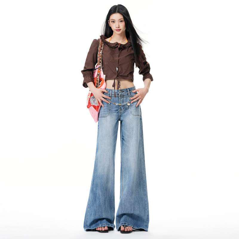 In Stock: Early Spring Casual Washed Blue Wide-Leg Jeans - Versatile, Loose, Slimming, Straight-Leg, Floor-Length Design Extra Small