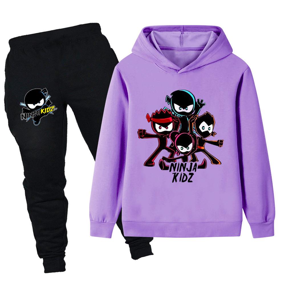 PB1172 Kids Boys Girls NINJA KIDZ Cartoon Print Long Sleeves Hoodie Trousers 2pcs/Sets